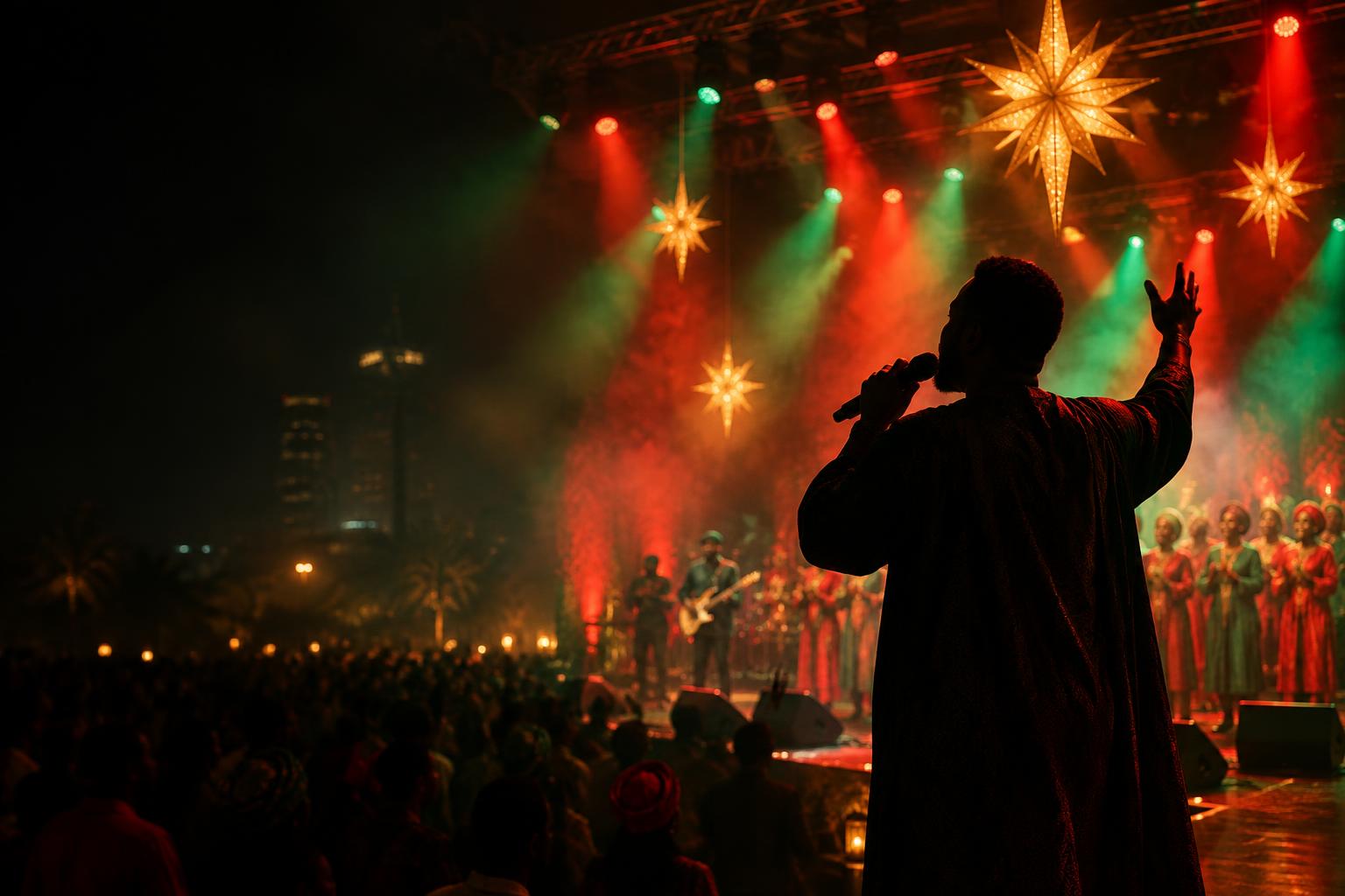 Christmas worship concert with a singer and choir under glowing stars